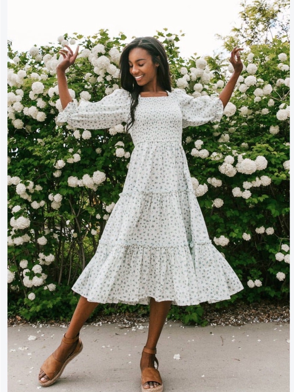 Ivy City Co White Floral Smocked Midi Dress